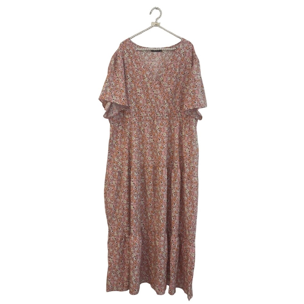 Kojooin Pink Floral Maxi Dress 4XL Plus Size Tiered Wrap V-Neck Flutter Sleeve - Picture 2 of 8